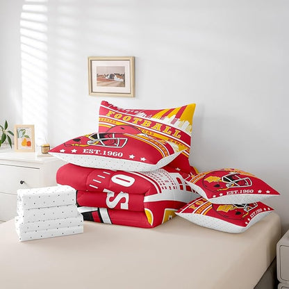 Football Lovers King Bedding Sets, Football Sports Decor Comforter Set Red And Yellow Football Rugby Helmet Comforter + Flat Sheet + Fitted Sheet + 2 Pillowcases + 2 Throw Pillow Covers (Kansas)