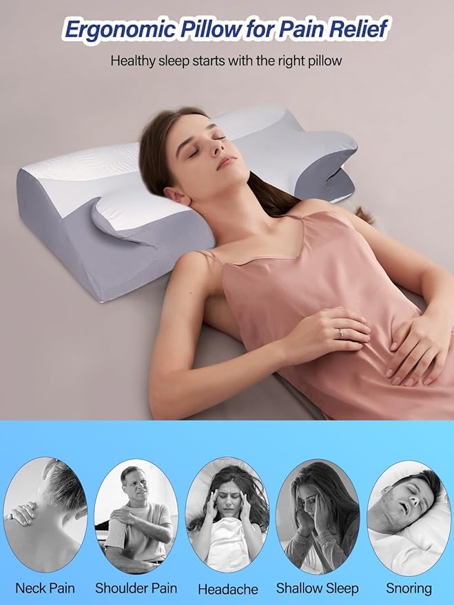 Orthopedic Neck Pillow - 2 in 1 Cooling Contoured Memory Foam Pillow, Butterfly Pillow for Side/Back/Stomach Sleepers with Removable Cover and Side Pocket (King, White & Gray)