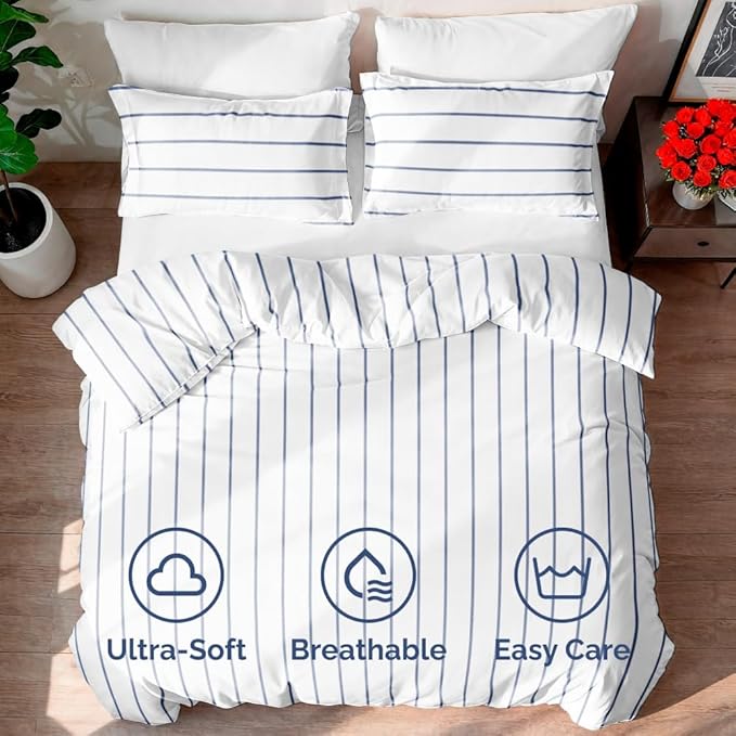 Duvet Cover Full Size Set - Extra Soft Floral Duvet Cover 80 x 90 with 2 Pillow Shams - Comfy, Cozy, Breathable Floral Bedding Set - Hotel Luxury & Fade Free with Zipper Closures & Ties - Navy Stripe