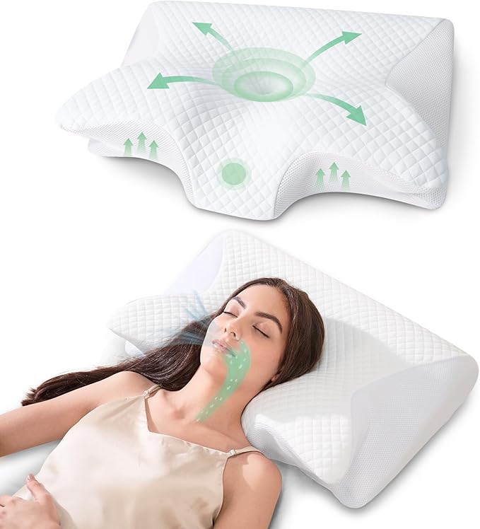 Memory Foam Cervical Pillow, 2-in-1 Ergonomic Neck Support Pillow with Armrest & Ear Hole, Contour Orthopedic Bed Pillow for Pain Relief, Adjustable Height for Side, Back & Stomach Sleepers