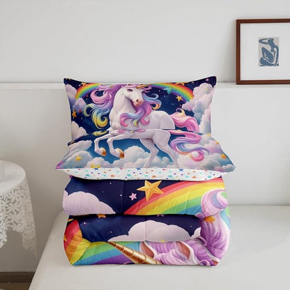 Castle Fairy Unicorn Bedding Sets Full Size,Dreamy Wildlife Horse Animal Reversible Down Comforter Breathable Polyester Quilt Set,Rainbow Stars Cloud Blue Galaxy Duvet Insert,2 Pillowcases