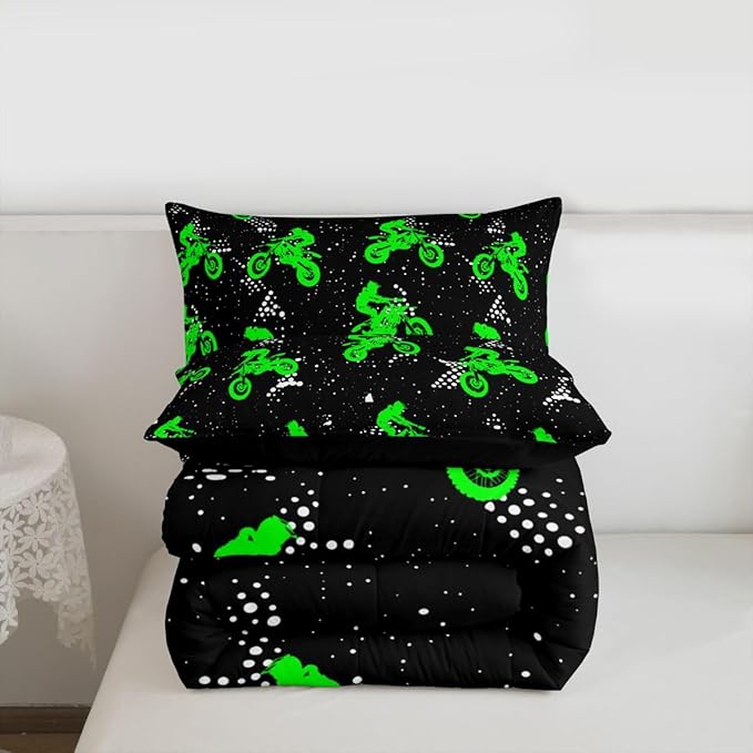 Feelyou Boys Dirt Bike Bedding Set - Cool Sports Comforter Set for Kids Motocross Rider - Fluorescent Green Bike Quilt & 2 Pillowcases - King Size