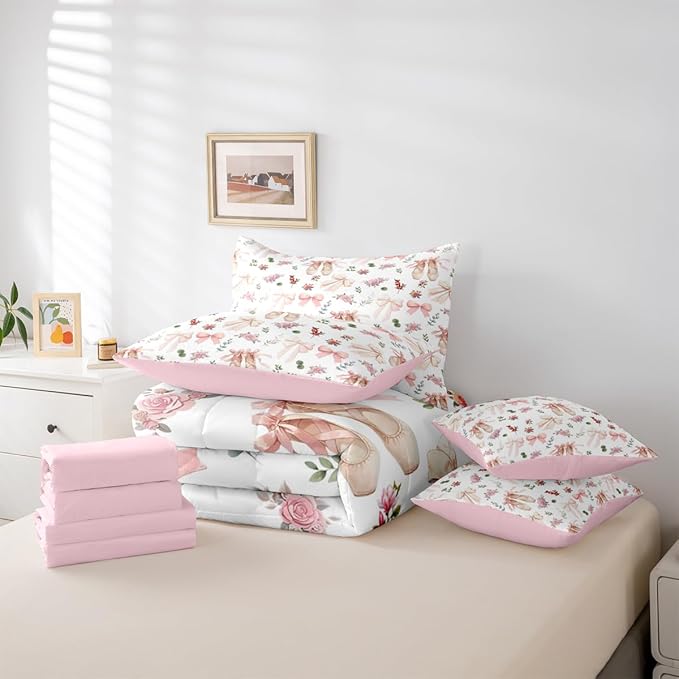 Feelyou Pink Flower 7 Piece Bedding Set Exquisite Dance Shoes Comforter Set with Sheets for Kids Boys Girls Gentle Bow Bed in a Bag Princess Style Bed Set Soft Lightweight