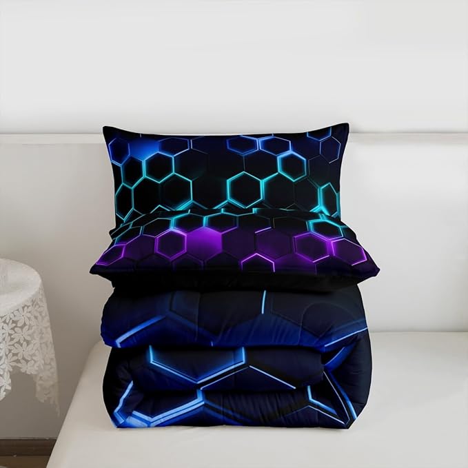 Fashion 3D Honeycomb Bedding Comforter Set Twin Size Neon Colorful Light Geometric Hexagon Comforter Set for Boys Teens Kids Bedroom Decor Video Racing Games Quilted Duvet Black Duvet Insert 2pcs