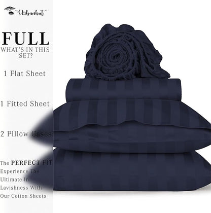 URBANHUT 1000 Thread Count Damask Striped Full Sheet Set Egyptian Cotton Sheets, Long Staple Soft & Breathable, 4 Pc Bed Sheet Sets, Luxury Hotel Sateen Sheets Fits 16" Deep Pocket - Navy Blue