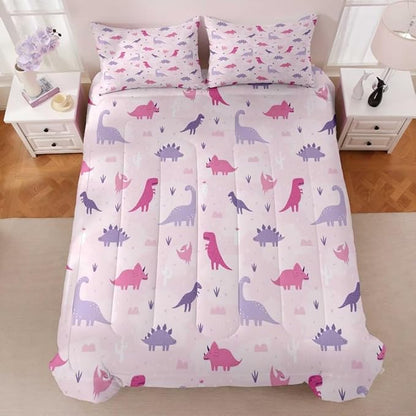 Dinosaur Comforter Set for Kids, Girls & Teens - Queen Size, Cute Pink & Purple Dino Bedding with 1 Comforter & 2 Pillowcases, Kawaii Animals Dinosaur Bedroom Decor