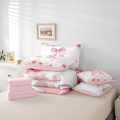 Erosebridal Initial Letter A Beding Sets for Kids Girls Teen Queen, Pink Bow Tie Bowknot Bed in A Bag, Spring Fresh Style Comforter Set with Sheets Soft Breathable Microfiber Bed Set Bedroom Decor