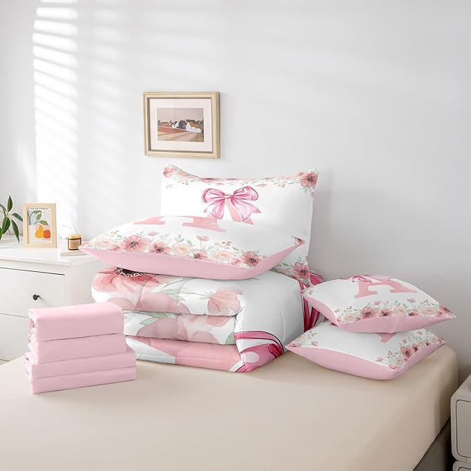 Erosebridal Initial Letter A Beding Sets for Kids Girls Teen Twin, Pink Bow Tie Bowknot Bed in A Bag, Spring Fresh Style Comforter Set with Sheets Soft Breathable Microfiber Bed Set Bedroom Decor