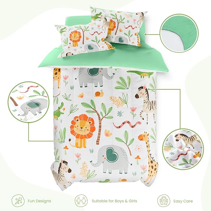 Jungle Animal Kids Bedding Set for Boys Girls, Ultra Soft Microfiber Comforter Set Twin Size 3-Pieces, Comforters Bed Sets for Kid Tween Teen Bedroom Decor