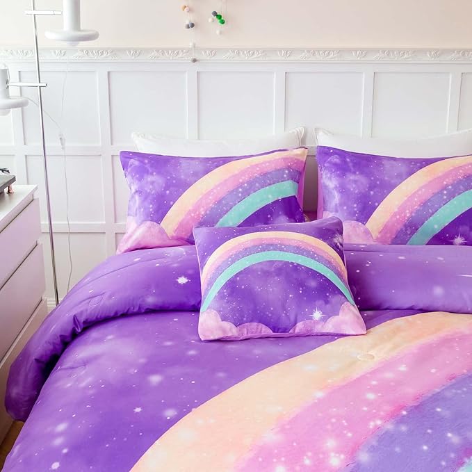 ANGIYUIN Deep Purple Girls Full Size Comforter Set Gradient Glitter Kids Bedding Sets 6 Pieces Soft Lightweight Galaxy Bed in A Bag with Sheets for Teens