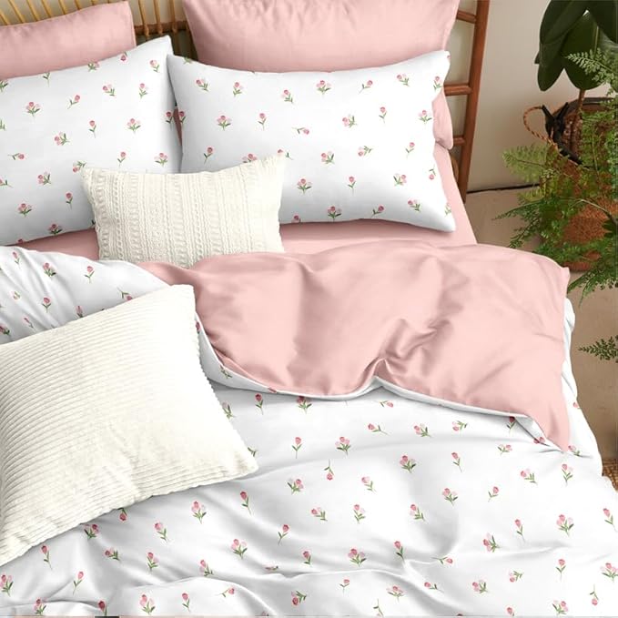 Floral Duvet Cover King Size Pink White Botanical Floral Bedding Set 3 Pieces Soft Breathable Garden Aesthetic Flower Comforter Cover with 2 Pillow Cases