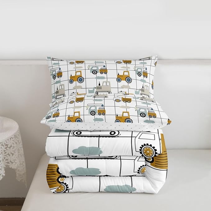 Feelyou Construction Truck Comforter Set Queen Size Kids Machinery Truck Excavators Vehicles Comforter for Boys Teens Cartoon Tractor Bedding Set Excavator Tractor Plaid Grid White Duvet Set Quilt Set