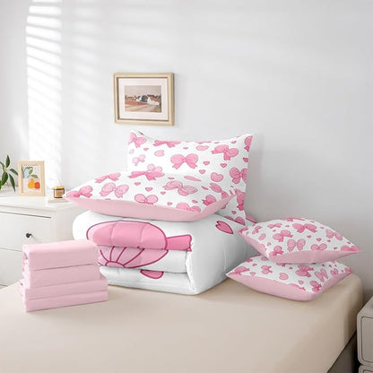 Feelyou Pink Bowknot 7 Piece Bedding Set Cartoon Bow Comforter Set with Sheets for Kids Boys Girls Cute Love Heart Bed in a Bag White Pink Bed Set Soft Lightweight