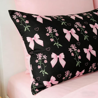 Queen Duvet Cover 3Pcs Black Pink Bow Bedding Set for Girls Kids, Cute Floral Bowknot Design, Super Soft 100% Microfiber Comforter Cover (2 Pillowcases, No Comforter)