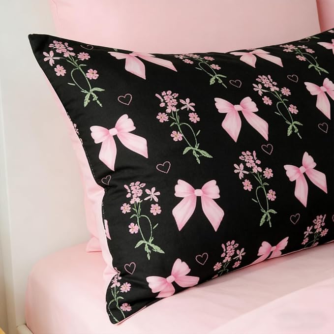 King Duvet Cover 3Pcs Black Pink Bow Bedding Set for Girls Kids, Cute Floral Bowknot Design, Super Soft 100% Microfiber Comforter Cover (2 Pillowcases, No Comforter)