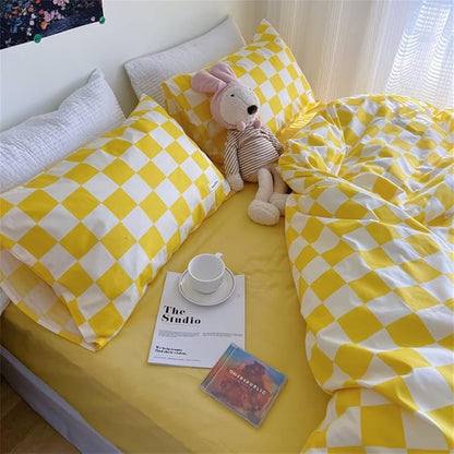 Wellboo Yellow White Plaid Comforter Sets King Women Men Checkerboard Grid Bedding Comforters Cotton Modern Bright Yellow Checkered Geometric Quilts Luxury Abstract Bed,King-104''*90''