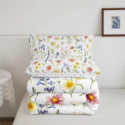 Erosebridal Wildflower Toddler Bedding Set for Girls,Cute Boho Floral Kids Comforter Sets,Colorful Flower Butterfly Bed Set,Bohemian Country Flowers Room Decor with 1 Pillowcase