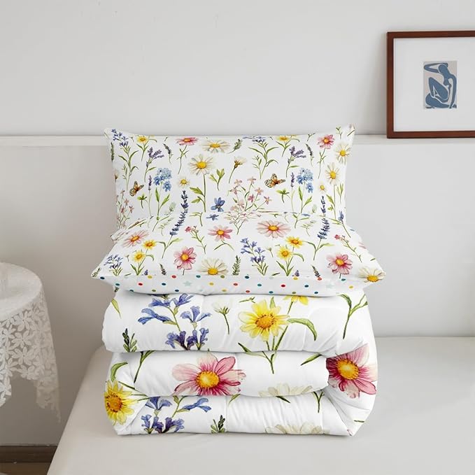 Erosebridal Wildflower King Bedding Set for Girls,Cute Boho Floral Comforter Set for Kids Women,Colorful Flower Butterfly Bed Set,Bohemian Country Flowers Room Decor with 2 Pillowcases
