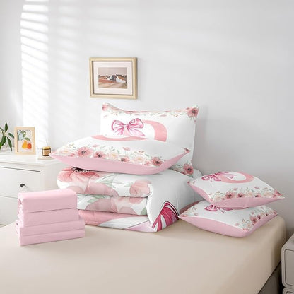 Erosebridal Cute Pink Bow Bed in A Bag King Initial Letter O Bedding Sets Girly Kawaii Alphabet Bow Bed Set Bedroom Decor Spring Flower Floral Comforter Set with Sheets for Kids Teen Women 7-Piece