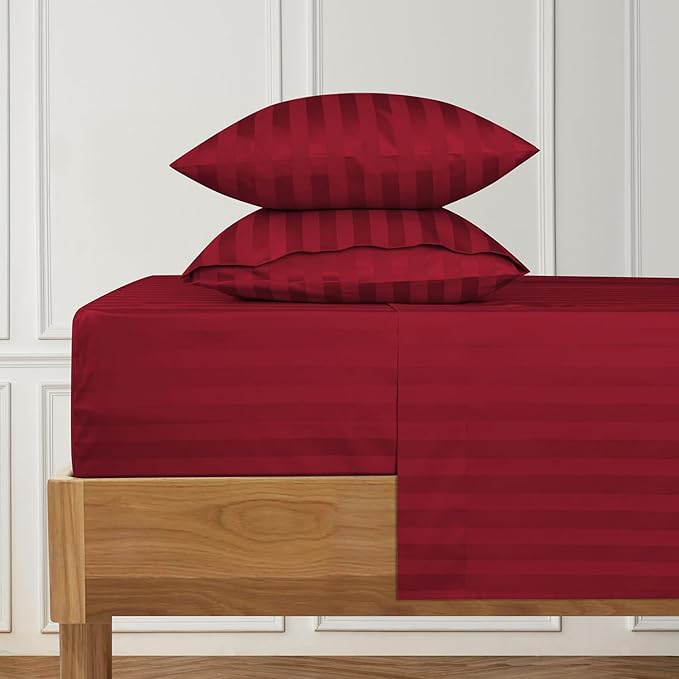 URBANHUT 1000 Thread Count Damask Striped Full Bed Sheets Egyptian Cotton Sheet Set, Long Staple Soft & Breathable, 4 Pc Bed Sheet Sets, Luxury Hotel Sateen Sheets Fits 16" Deep Pocket - Burgundy