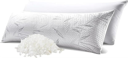 WhatsBedding Memory Foam Body Pillow for Adults with Zipperd Rayon Derived from Bamboo Cover, Breathable Long Pillow for Side Sleeper, Shredded Memory Foam Stuffing, Grey Leaf