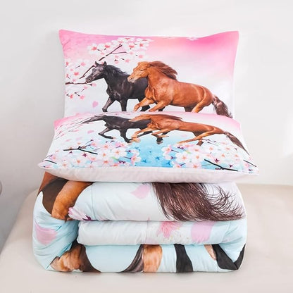 Feelyou Girls Horse Bedding Set Toddler Size Galloping Horses Comforter Set for Kids Teens Cherry Blossom Comforter 3D Wild Animal Duvet Set Farmhouse Bedroom Decor Quilt Set 2Pcs