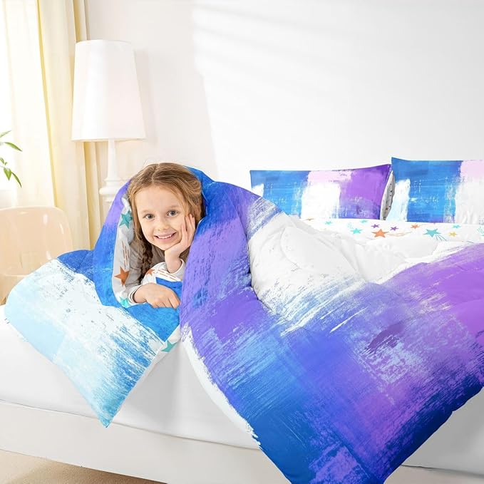 Feelyou Abstract Comforter Modern Abstract Art Comforter Set for Boys Girls Children Purple Blue White Pattern Bedding Set Room Decor Queen Size Duvet Set 3Pcs