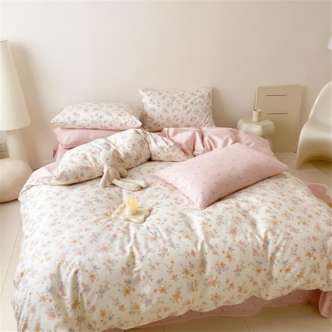 Pink Purple Floral Duvet Cover Queen Size Botanical Romantic Flower Bedding Set Kids Boys Girls Spring Aesthetic Garden Style Reversible Soft Breathable Comforter Cover 3Pcs