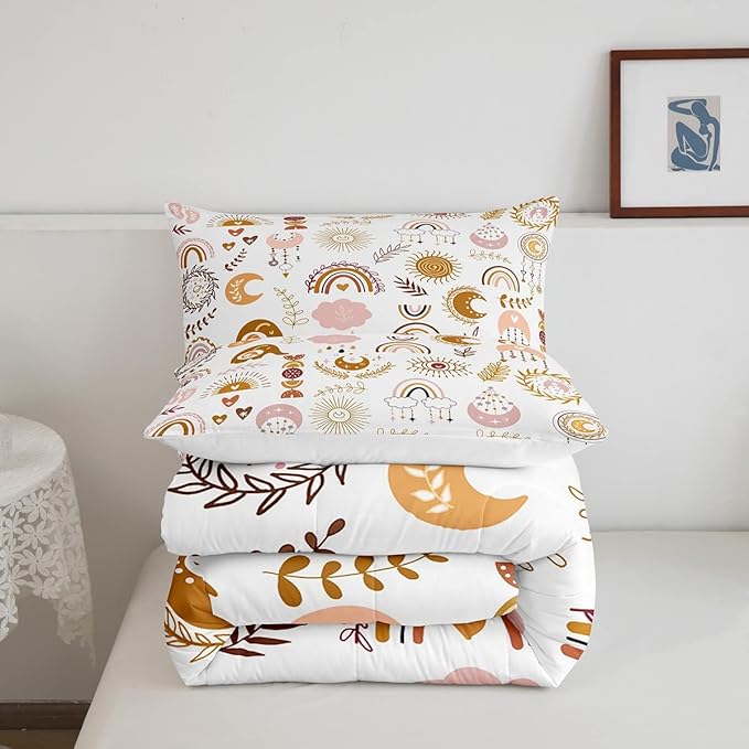 Feelyou Colorful Rainbow Comforter Set Kawaii Botanical Leaf Bedding Set for Girls Kids Room,Cute Colorful Cartoon Orange Decor Comforter Soft Quilt Room 3Pcs Queen Size Boys
