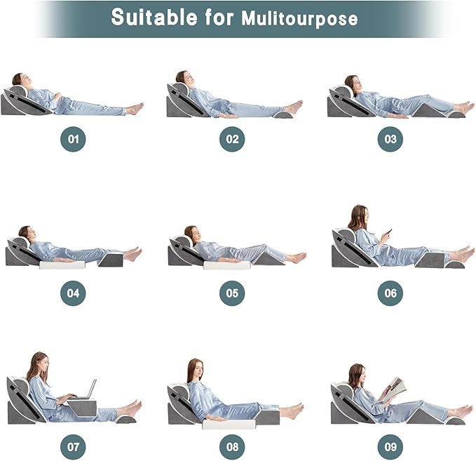 Yojoker 6pcs Orthopedic Bed Wedge Pillow Set for Post Surgery, Memory Foam for Sleeping, Back and Leg Pain Relief Comfortable & Adjustable Support Pillows-Anti Snoring, Heartburn