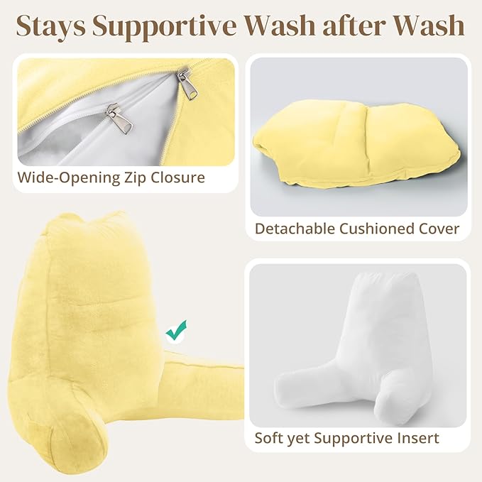 Sasttie Reading Pillow, Pillows for Reading or Relaxing – Ergonomic Support for Head, Neck, Back, and Lumbar, 21-Inch, Light Yellow