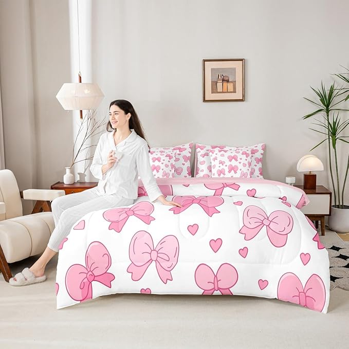 Feelyou Pink Bowknot 7 Piece Bedding Set Cartoon Bow Comforter Set with Sheets for Kids Boys Girls Cute Love Heart Bed in a Bag White Pink Bed Set Soft Lightweight