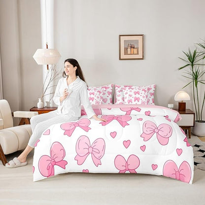 Feelyou Pink Bowknot 7 Piece Bedding Set Cartoon Bow Comforter Set with Sheets for Kids Boys Girls Cute Love Heart Bed in a Bag White Pink Bed Set Soft Lightweight