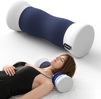 Cervical Roll Pillow - Ergonomic Design Round Neck Pillow Roll with Cooling Cover - Memory Foam Cylinder Bolster Pillows for Neck Support, Leg, Back, Yoga (Blue White)