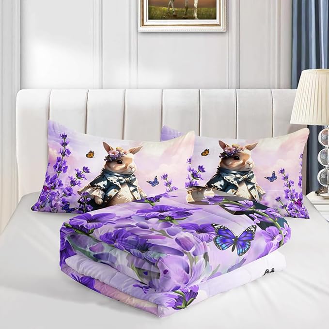Lavender Rabbit Comforter Full Kids Rabbit Bedding Set Cute Bunny Quilt Bed Set Bedroom Decor Includes 1 Comforter, 2 Pillowcases for Girls Boys Teens