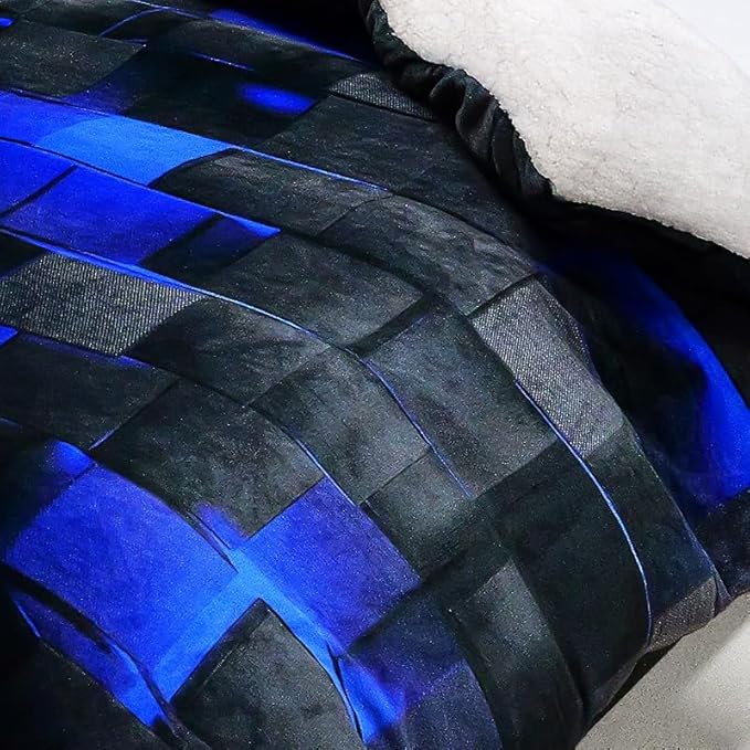 QOOMO 3D Abstract Geometric Sherpa Comforter Set, Blue Black Neon Light Honeycomb Full/Queen Size Bedding Set, Ultra Soft and Cozy Sherpa Fleece Comforter, 1 Comforter 2 Pillowcases All Season