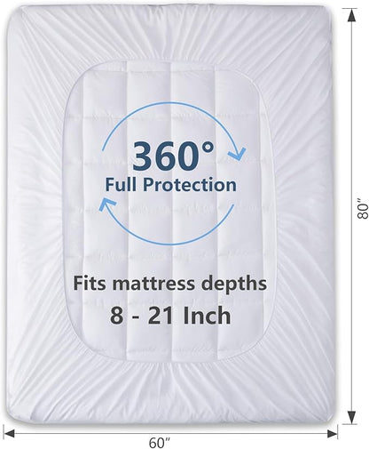 CozyLux Queen Size Mattress Pad Pillow Top Cotton Cooling Mattress Topper 8-21" Deep Pocket Mattress Cover Quilted Fitted Cooling 450GSM Mattress Protector (60x80 inch,White)