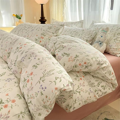 Floral Duvet Cover Queen Size Green Floral On White Bedding Set 3Pcs Spring Romantic Garden Botanical Reversible Cottagecore Comforter Cover with Zipper Closure and 2 Pillowcases