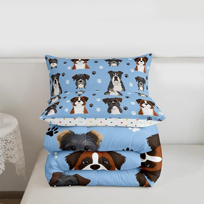 Castle Fairy Cartoon Dogs Comforter Set,Cute Puppy Paw Prints Bedding Set for Kids Boys Teens,Watercolor Lovely Pet Animals Decor Comforter Duvet Set with 1 Pillowcase Twin Size 2 Pcs