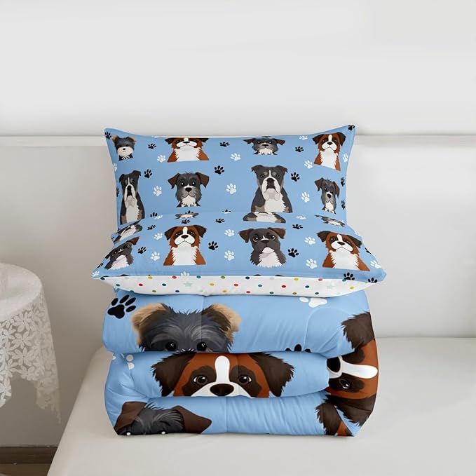 Castle Fairy Cartoon Dogs Bedding Sets,Cute Puppy Paw Prints Comforter Set for Kids Boys Teens,Watercolor Lovely Pet Animals Decor Quilted Comforter with 1 Pillowcase Toddler Size 2 Pcs