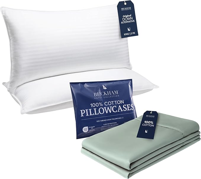 Beckham Hotel Collection Bed Pillows with Cotton Pillowcases King Size Sets of 2, Soft Down Alternative Pillows for Sleeping, Open End Cases for Easy Changing, Aqua Gray