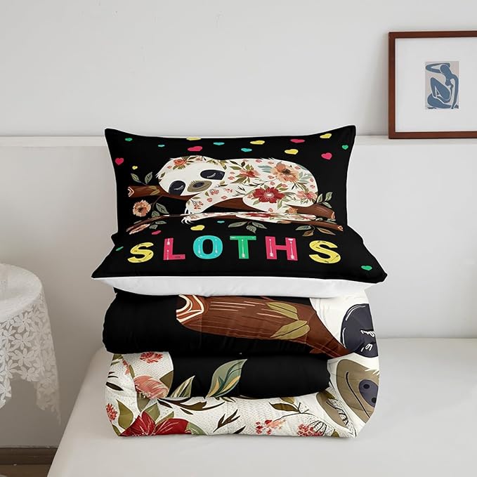 Castle Fairy Cute Sloth Comforter Set Queen Size,Colorful Love Pattern Bedding Set for Kids Boys Girls Bedroom Decoration,Flowers Pattern Bed Duvet Insert,Kawaii Animals Comforter with 2 Pillowcase