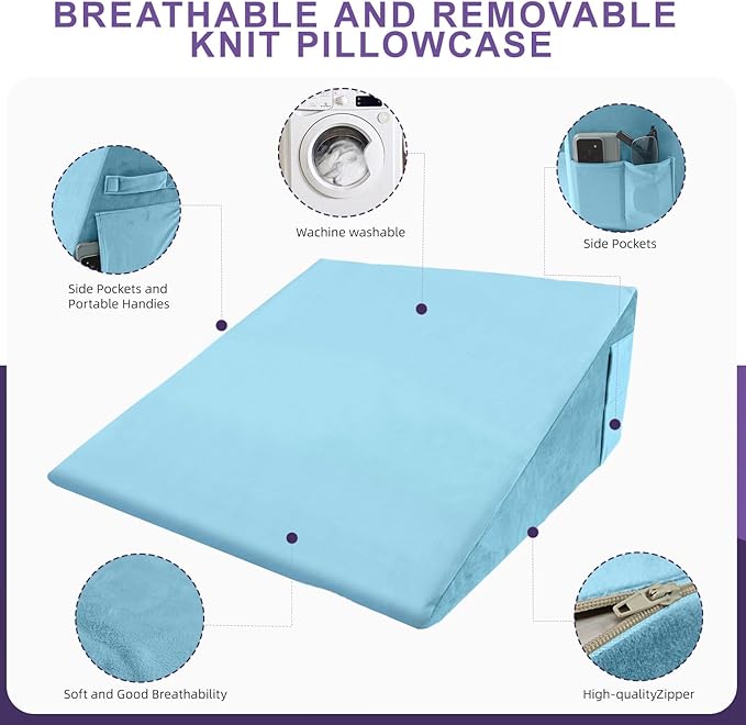 Memory Foam Bed Wedge Pillow (10"x24"x24") - Acid Reflux & Back Pain Relief, Anti-Snoring Incline Design, Removable Washable Cover for Sleep & Post-Surgery Support