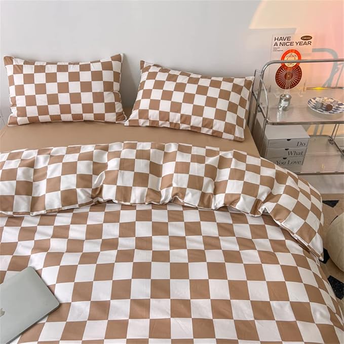 Wellboo Light Brown Plaid Comforter Sets King Women Men Cream Coffee and White Checkerboard Grid Bedding Comforters Cotton Boys Girls Modern Light Taupe Checkered Geometric Quilts Luxury Abstract Bed