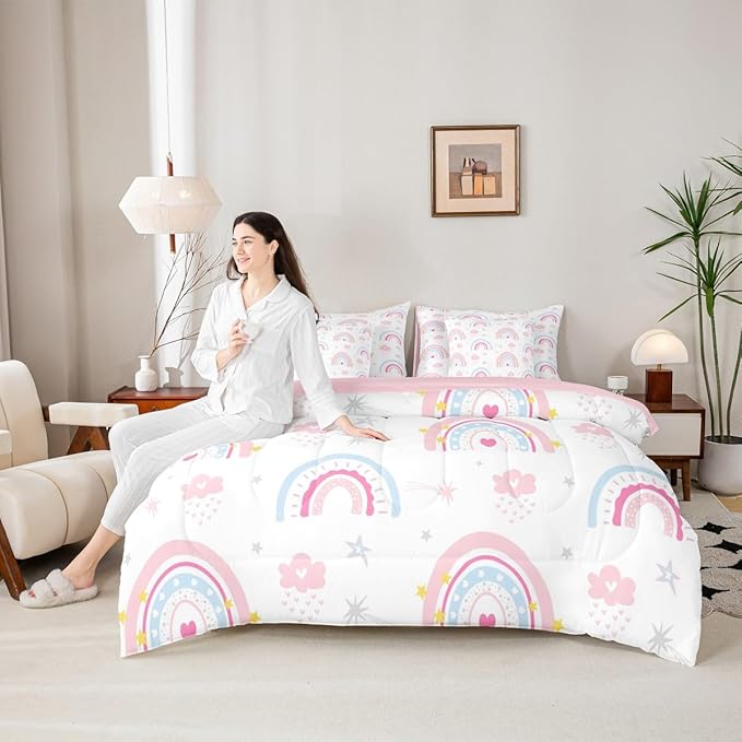 Feelyou Cute Rainbow 7 Piece Bedding Set Pink Blue Comforter Set with Sheets for Kids Boys Girls Star Print Bed in a Bag Cartoon Cute Bed Set Soft Lightweight