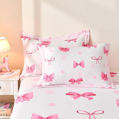Wajade 7 Piece Pink Bow Bedding Set for Girls Kids Queen Size Comforter Set with Sheet and 2 Pillowcases 2 Pillow Shams Cute Girls Bed in a Bag as Birthday Choice