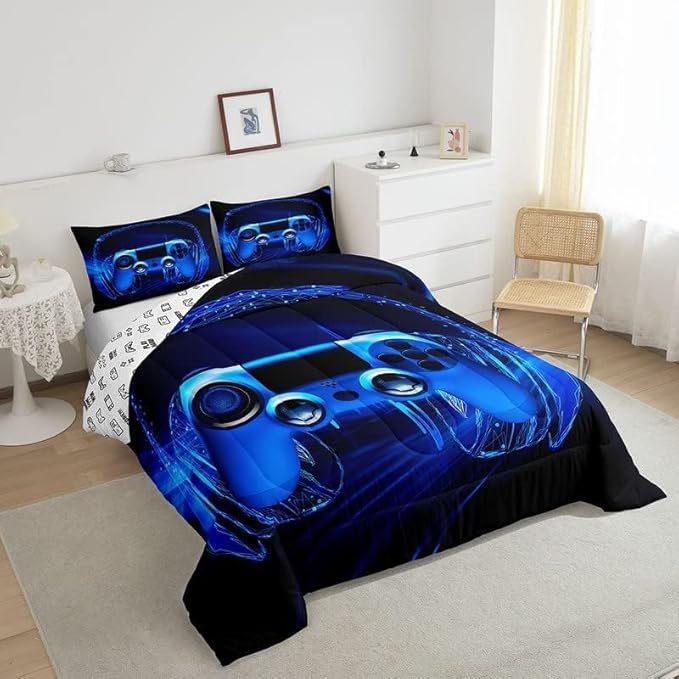 Feelyou Gamer Bedding Set Kids Video Game Gamepad Comforter Set for Boys Teens Gaming Headset Comforter Breathable Blue Game Controller Duvet Set Room Decor Quilt Set Toddler Size