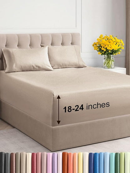 Extra Deep Twin XL Sheet Set - 4 Piece Breathable & Cooling Sheets - Hotel Luxury Bed Sheets Set - Easy & Secure Fit - Soft, Wrinkle Free & Comfy Sheets Set - Wheat Sheet Set with Extra Deep Pockets