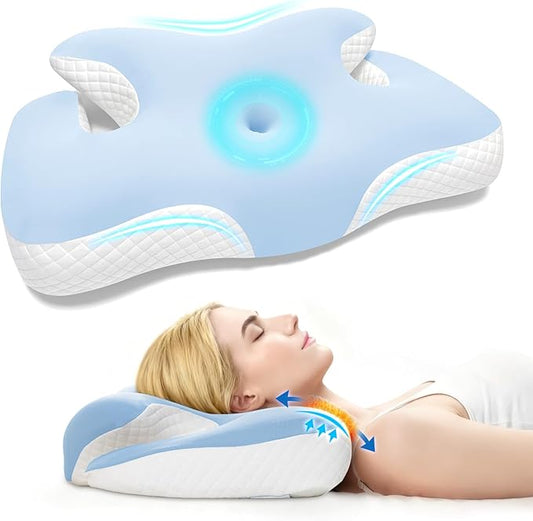 Cervical Neck Pillow，Ergonomic Memory Foam Pillows for Neck and Shoulder Pain Relief,Adjustable Contour Neck Support Bed Pillow for Side Back Stomach Sleepers-Women Men Gift(Baby Blue)