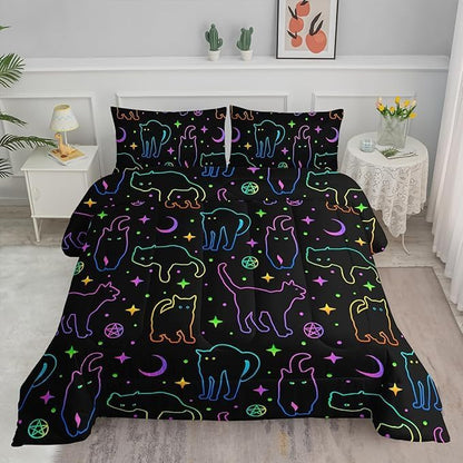 Axolotl Neon Cat Bedding Comforter Set King,Cartoon Gradient Line Cat Bedding,Colorful Neon Cats Animal Bed Set,Moon Stars Printed Kids Bedding for Boys Girls Adults,1 Quilt 2 Pillow Cases,Black